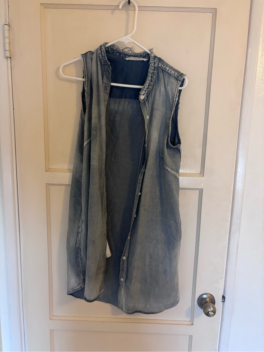 Sleeveless distressed Long Denim Button-Front Vest Dress in Faded Blue